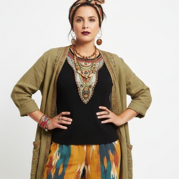 berek Tops - NEW Vintage Berek Takako Sakon Beaded Ribbed Knit Top Black Boho Art To Wear M